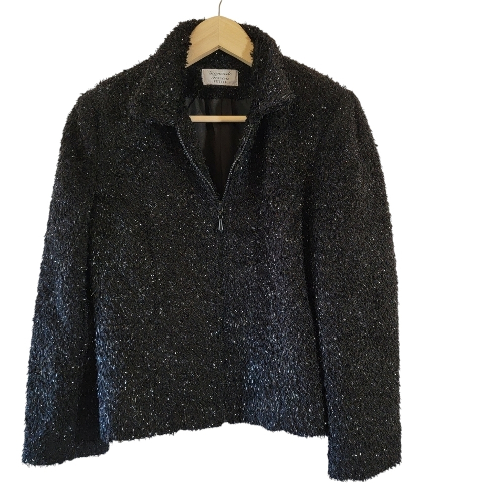 VTG Giancarlo Ferrari Black Metallic Eyeleash Zip-Fly Jacket Sz 10P Formal Party